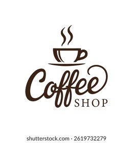 Logotipo elegante da cafeteria com xícara de vapor e design de texto de estilo caligrafia moderno