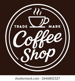 Elegant coffee shop logo with a steaming cup icon and 'Coffee Shop Trade Mark' text in white, set against a dark brown background. Perfect for branding cafes, packaging, and digital use.