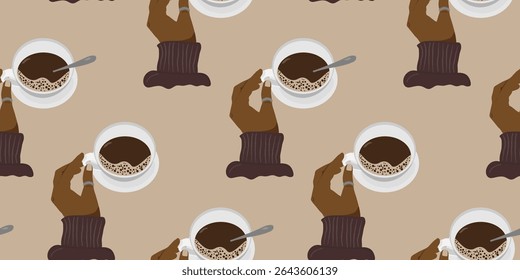 elegant coffee time seamless pattern with a dark-skinned hand holding a cup on a light beige background for cafe and lifestyle brands