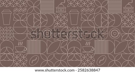Elegant Coffee-Themed Outline Pattern with Geometric Elements. Can be used for design of cover, packaging, menu, background, cafe wall, coffee shop, banners. Vector