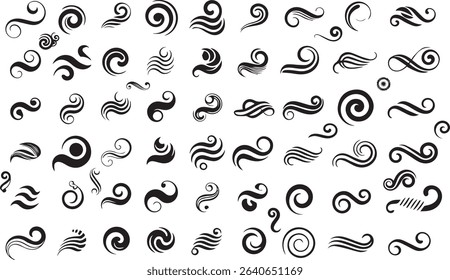 An elegant collection of abstract swirl and wave vector symbols in black silhouette style.

