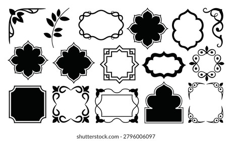 Elegant collection of black frames, borders, and flourishes; perfect for invitations, certificates, and labels; vintage ornament set.