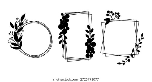 Elegante colección de marcos de silueta negros con delicadas hojas, bayas y ramas.