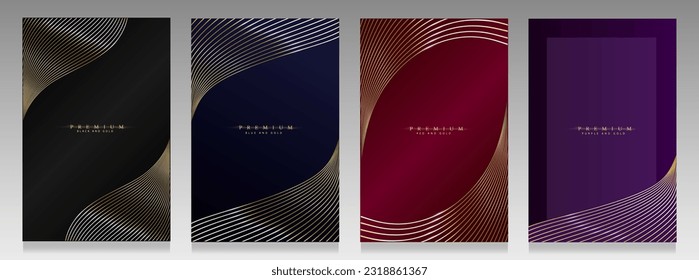 Elegant collection covers. Golden wavy lines on black, blue, red and purple background. Precious brochures, elegant flyers, formal invitations for luxury events.