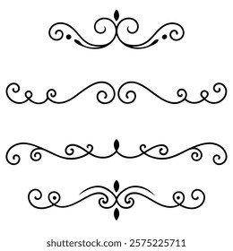 Elegant collection of decorative swirls and dividers with intricate flourishes, perfect for enhancing invitations, greeting cards, logos, and vintage-inspired designs.

