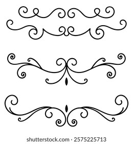 Elegant collection of decorative swirls and dividers with intricate flourishes, perfect for enhancing invitations, greeting cards, logos, and vintage-inspired designs.

