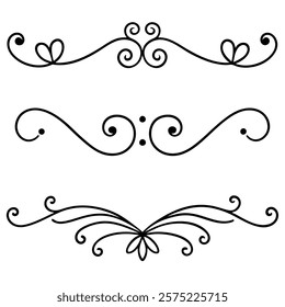 Elegant collection of decorative swirls and dividers with intricate flourishes, perfect for enhancing invitations, greeting cards, logos, and vintage-inspired designs.

