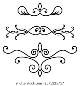 Elegant collection of decorative swirls and dividers with intricate flourishes, perfect for enhancing invitations, greeting cards, logos, and vintage-inspired designs.

