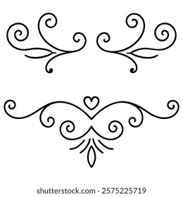 Elegant collection of decorative swirls and dividers with intricate flourishes, perfect for enhancing invitations, greeting cards, logos, and vintage-inspired designs.

