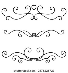 Elegant collection of decorative swirls and dividers with intricate flourishes, perfect for enhancing invitations, greeting cards, logos, and vintage-inspired designs.

