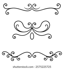 Elegant collection of decorative swirls and dividers with intricate flourishes, perfect for enhancing invitations, greeting cards, logos, and vintage-inspired designs.

