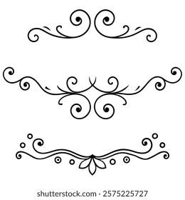 Elegant collection of decorative swirls and dividers with intricate flourishes, perfect for enhancing invitations, greeting cards, logos, and vintage-inspired designs.

