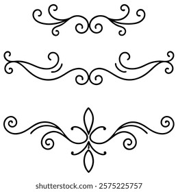 Elegant collection of decorative swirls and dividers with intricate flourishes, perfect for enhancing invitations, greeting cards, logos, and vintage-inspired designs.

