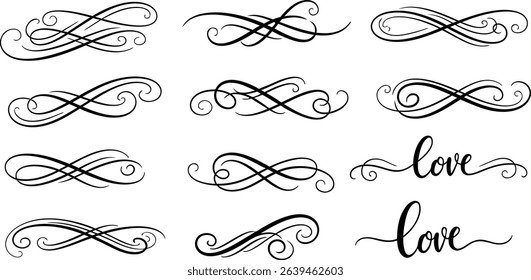 Elegant collection of decorative swirls and flourishes in a minimalist black and white design for various applications