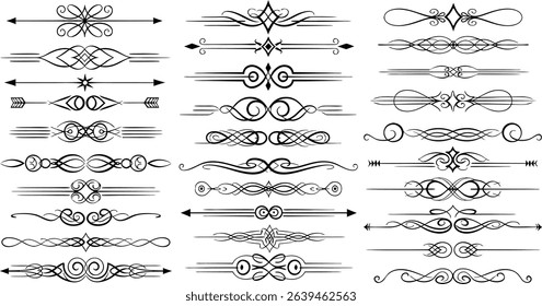 Elegant collection of decorative vector dividers in black and white designs with swirls and arrows for creative projects.