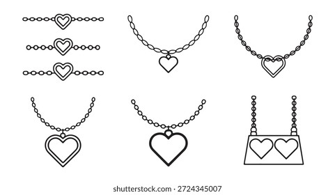 Coleção elegante com vários colares de pingente de coração e pulseiras de corrente para conceitos românticos de moda