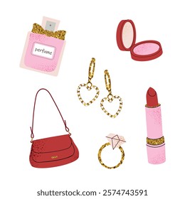 Elegant collection of feminine accessories, including a perfume bottle, lipstick, compact powder, earrings, a handbag, and a diamond ring. Stylish and chic design for beauty, fashion, and Women’s Day 