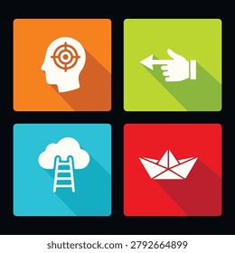 An elegant collection of four flat design icons showing a mental target pointing hand gesture career ladder and origami boat set against vibrant colorful squares with long diagonal shadows