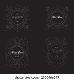 Elegant Collection of Four Vintage Floral Emblems logos with Intricate Designs on Black Background for Creative Projects and for Branding and Decor Companies