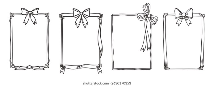 Elegante colección de marcos con lazos de cinta. Conjunto de marcos. Plantilla para invitaciones, carteles, Anuncios. Dibujado a mano ilustración de boceto.