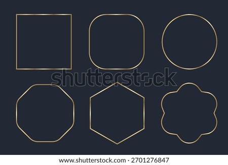 Elegant collection of golden geometric frames on dark background. Includes square, rounded square, circle, octagon, hexagon, and flower-shaped outlines.