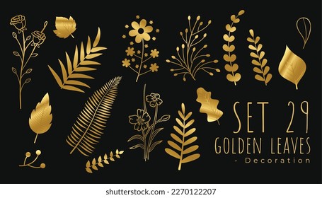 elegant collection of golden leaves on dark black background 