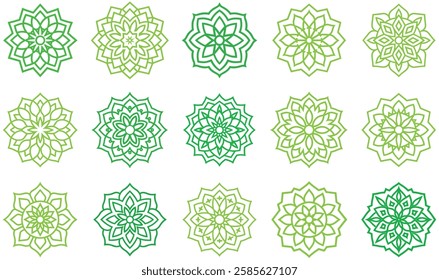 Elegant collection of green geometric mandalas featuring symmetrical patterns, perfect for nature-inspired, decorative, and artistic projects.