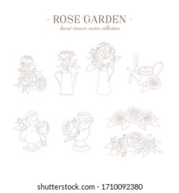 Elegante colección de elementos vectoriales dibujados a mano. Tema del jardín de rosas. Dibujos aislados de fondo blanco.