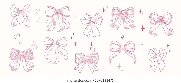 Elegant Collection of Hand-Drawn Bows in Romantic Style, Featuring Lace, Polka Dots, and Decorative Ribbon Designs, Perfect for Invitations, Greeting Cards, and Feminine Themed Projects