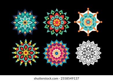 An elegant collection of mandala designs featuring vibrant colors and detailed patterns, perfect for art projects, spiritual decor, crafts, digital art, and printable coloring pages.