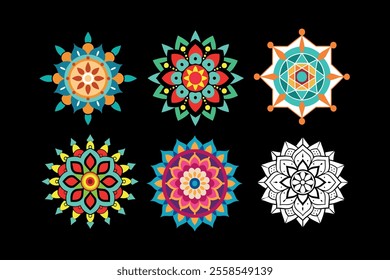 An elegant collection of mandala designs featuring vibrant colors and detailed patterns, perfect for art projects, spiritual decor, crafts, digital art, and printable coloring pages.