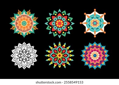 An elegant collection of mandala designs featuring vibrant colors and detailed patterns, perfect for art projects, spiritual decor, crafts, digital art, and printable coloring pages.