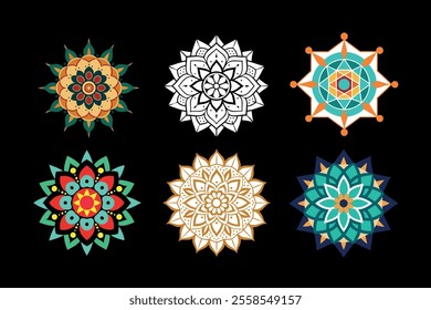 An elegant collection of mandala designs featuring vibrant colors and detailed patterns, perfect for art projects, spiritual decor, crafts, digital art, and printable coloring pages.