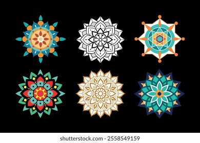 An elegant collection of mandala designs featuring vibrant colors and detailed patterns, perfect for art projects, spiritual decor, crafts, digital art, and printable coloring pages.