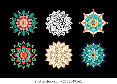 An elegant collection of mandala designs featuring vibrant colors and detailed patterns, perfect for art projects, spiritual decor, crafts, digital art, and printable coloring pages.