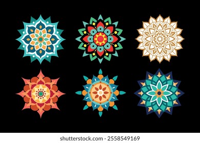 An elegant collection of mandala designs featuring vibrant colors and detailed patterns, perfect for art projects, spiritual decor, crafts, digital art, and printable coloring pages.