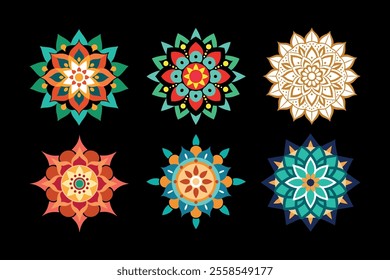 An elegant collection of mandala designs featuring vibrant colors and detailed patterns, perfect for art projects, spiritual decor, crafts, digital art, and printable coloring pages.