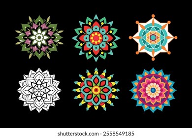 An elegant collection of mandala designs featuring vibrant colors and detailed patterns, perfect for art projects, spiritual decor, crafts, digital art, and printable coloring pages.