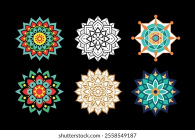 An elegant collection of mandala designs featuring vibrant colors and detailed patterns, perfect for art projects, spiritual decor, crafts, digital art, and printable coloring pages.