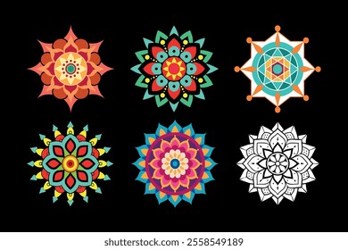 An elegant collection of mandala designs featuring vibrant colors and detailed patterns, perfect for art projects, spiritual decor, crafts, digital art, and printable coloring pages.