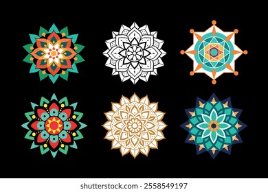 An elegant collection of mandala designs featuring vibrant colors and detailed patterns, perfect for art projects, spiritual decor, crafts, digital art, and printable coloring pages.