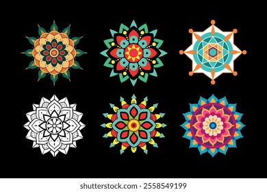 An elegant collection of mandala designs featuring vibrant colors and detailed patterns, perfect for art projects, spiritual decor, crafts, digital art, and printable coloring pages.