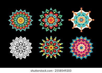 An elegant collection of mandala designs featuring vibrant colors and detailed patterns, perfect for art projects, spiritual decor, crafts, digital art, and printable coloring pages.
