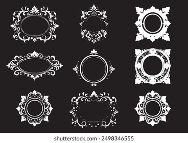 Elegant Collection of Nine Vintage Floral Frames with Intricate Designs on Black Background For Different Type of Posters, Cards, and Backgrounds