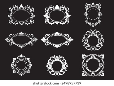  Elegant Collection of Nine Vintage ٖFloral Frames with Intricate Designs on Black Background for Creative Graphic Design Projects