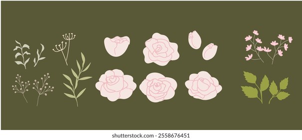 Elegant collection of pink floral designs on olive green background.