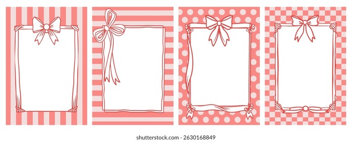 Elegante coleção de quadros cor-de-rosa com arcos de fita. Conjunto de quadros. Modelo para convites, cartazes, banners. Ilustração de esboço desenhado à mão.