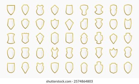 Elegant collection of shield icons with gold accents on a clean white background. Ideal for logos, heraldic symbols, and security themes in branding or web projects