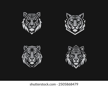 Una elegante colección de logotipos de tigres plateados, con diseños limpios y modernos. Las líneas atrevidas y las Formas geométricas crean un aspecto sofisticado y sigiloso.