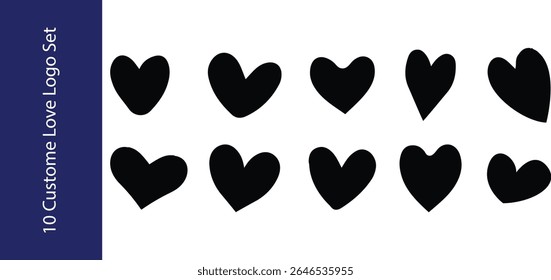 Elegante Coleção de Dez Logotipos de Amor Personalizado para Celebrações do Dia dos Namorados e Projetos Românticos, Ideal para Design Gráfico e Marca com tema de coração, Vetores Preto e Branco